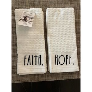 NEW Rae Dunn Set of 2 Kitchen Towels FAITH. HOPE. White/Black Embroidery Easter